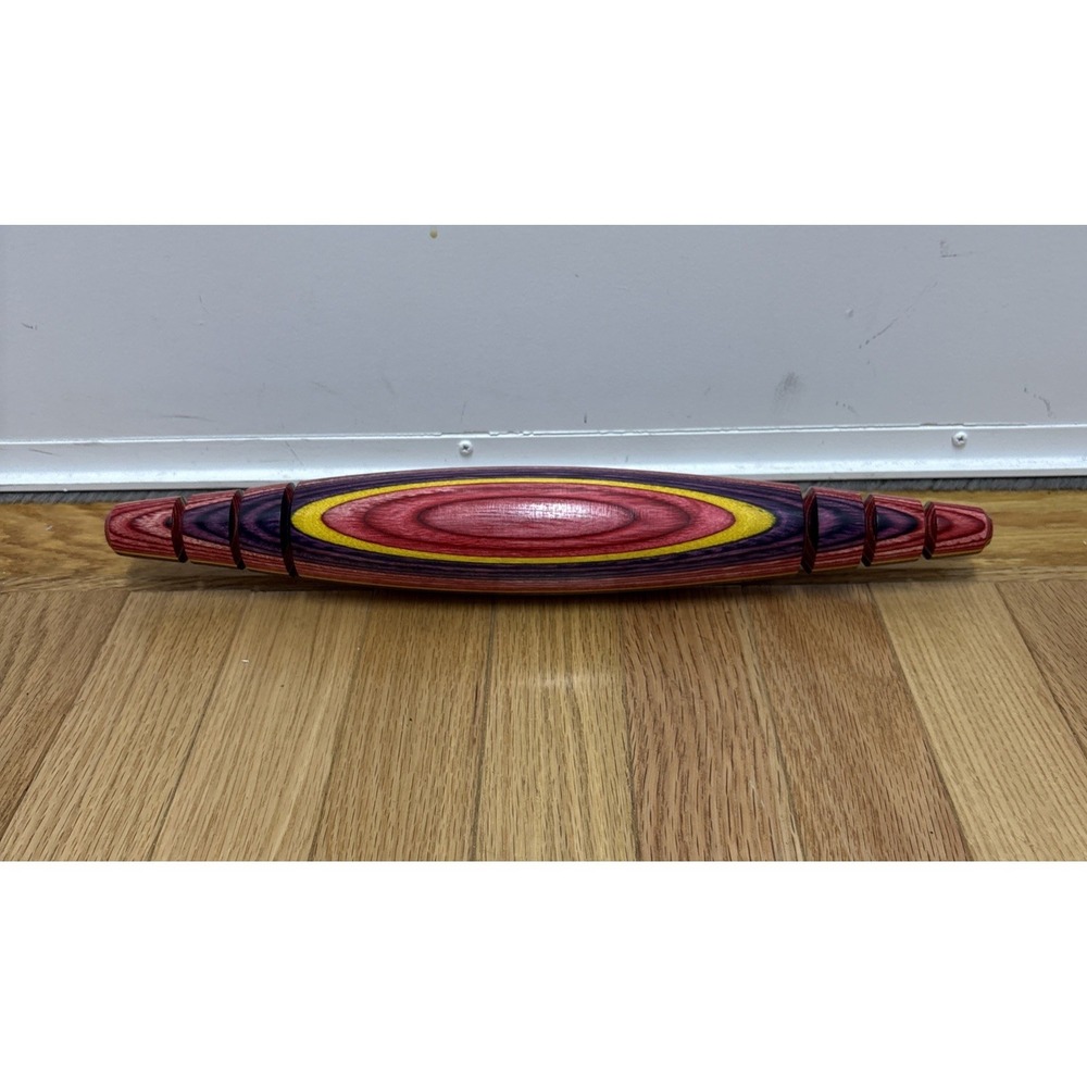 Tom Foster SIGNED Hand Turned Tapered Multicolor Carved Wood Rolling Pin 15.75x2